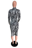 Black England Long Sleeves O neck Pencil Dress Mid-Calf Print zebra Dresses