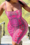 Rose Red Sexy Print Patchwork Spaghetti Strap Wrapped Skirt Dresses