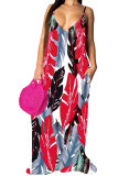 Blue Fashion Casual adult Red Blue Yellow Spaghetti Strap Sleeveless V Neck Swagger Floor-Length Print Patchwork Dresses