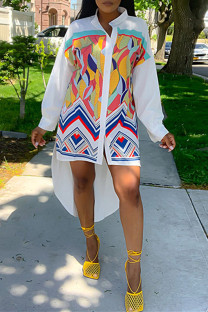 White Fashion Casual Print Asymmetrical Long Sleeve Shirt Dress