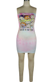 Green Fashion Sexy adult Ma'am Green Pink Off The Shoulder Sleeveless One word collar Step Skirt Knee-Length Print Patchwork Dresses