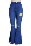 Dark Blue Fashion Casual Solid Ripped Without Belt Plus Size Jeans