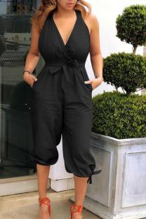 Black Fashion Sexy Solid Patchwork Sleeveless V Neck 