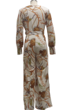 Blue Casual Print Patchwork V Neck Regular Jumpsuits