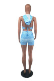 Light Blue Sexy Casual Print Backless Hooded Collar Sleeveless Two Pieces