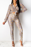 Purple Fashion Casual Print Without Belt Turndown Collar Long Sleeve Two Pieces