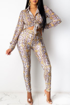 White Fashion Casual Print Without Belt Turndown Collar Long Sleeve Two Pieces