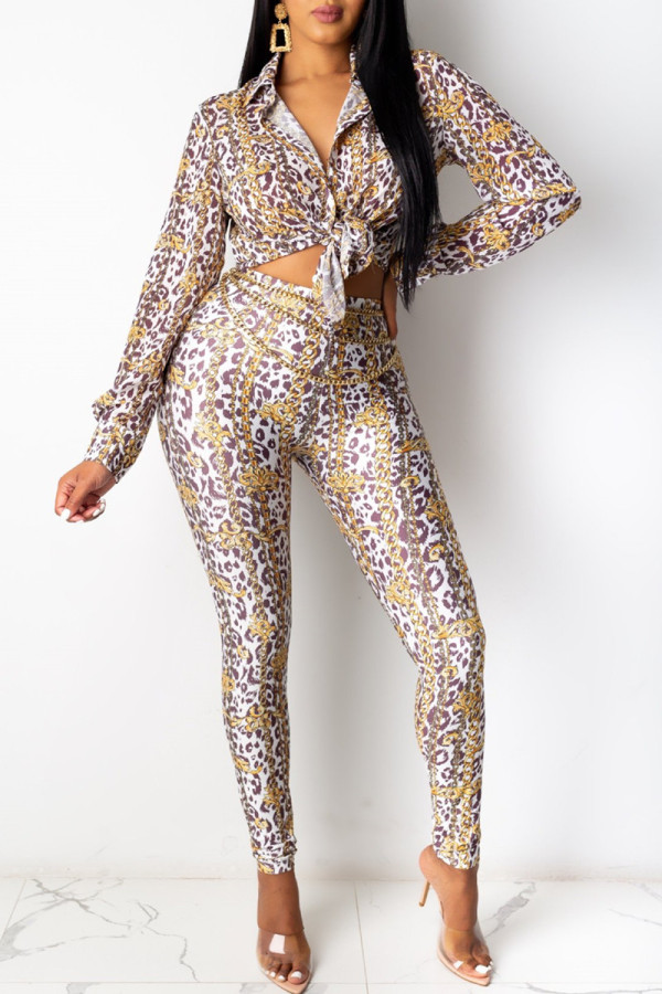 White Fashion Casual Print Without Belt Turndown Collar Long Sleeve Two Pieces