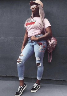 Pink Fashion Casual O-Neck Short Regular Tees & T-shirts