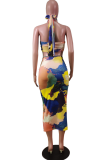 Red Sexy Print Hollowed Out Halter Sleeveless Two Pieces