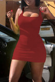 Red Casual Solid Patchwork U Neck Pencil Skirt Dresses
