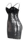 Silver adult Fashion Sexy Spaghetti Strap Sleeveless Slip Step Skirt skirt Sequin Solid Club Dre