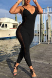 Blue Fashion street Patchwork Mesh Solid Sleeveless V Neck Jumpsuits