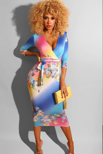 Multi-color Milk. Sexy Cap Sleeve Long Sleeves V Neck Step Skirt Mid-Calf Floral Print 