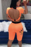 Blue Fashion Sexy backless Patchwork Print Straight Short Sleeve Two-Piece Short Set