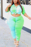 Fluorescent Green Sportswear Print Shirt Collar Plus Size 