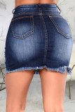 Dark Blue Fashion Casual Solid Ripped High Waist Regular Denim Skirts