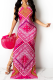 Deep Pink Sexy Print Patchwork O Neck Trumpet Mermaid Dresses