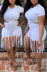 White Fashion Casual Solid Tassel O Neck Short Sleeve Two Pieces