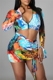 Blue Fashion Sexy Print Draw String Long Sleeve Four-piece Set