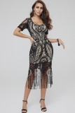 Black Sexy Cap Sleeve Short Sleeves O neck Step Skirt Knee-Length Solid Casual Dresses