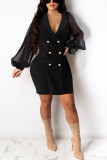 Black Fashion Casual Solid Patchwork Turndown Collar Long Sleeve Dress