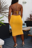 Yellow Fashion Sexy Solid Backless Halter Sleeveless Dress