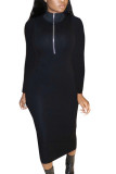 Orange Fashion Sexy Adult Solid Patchwork O Neck Long Sleeve Mid Calf Long Sleeve Dress Dresses