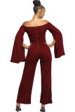 White Sexy Patchwork Solid Ruffled Long Sleeve one word collar Jumpsuits
