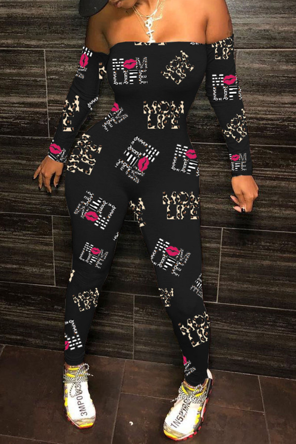 Rose Red Sexy Print Strapless Regular Jumpsuits