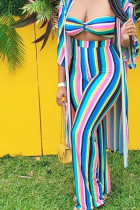 multicolor OL Striped Print Three-Piece Suits Straight Long Sleeve Two Pieces