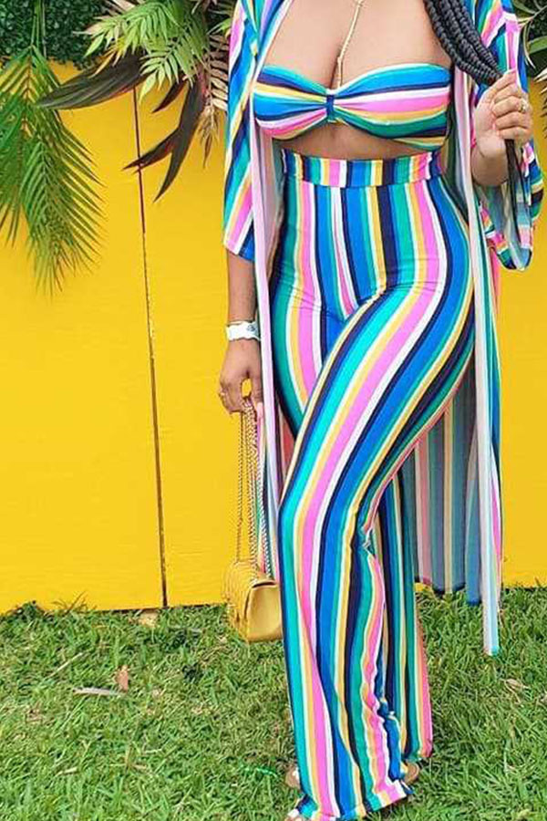 multicolor OL Striped Print Three-Piece Suits Straight Long Sleeve Two Pieces