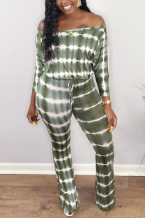 Black Green Casual street Print Striped bandage Milk. Long Sleeve one word collar Jumpsuits