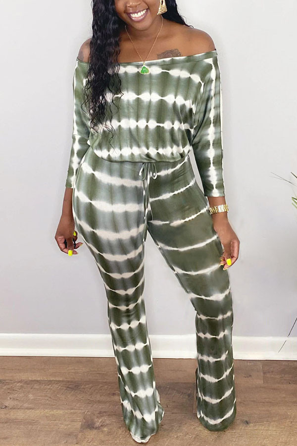 Black Green Casual street Print Striped bandage Milk. Long Sleeve one word collar Jumpsuits