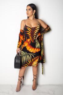 Multi-color Sexy Fashion Floral asymmetrical Print Two Piece Suits Regular Long Sleeve Two-Piece Dres