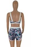 Blue Active Fashion backless Slim fit Print crop top asymmetrical Floral Two Piece Suits Regula