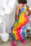 Orange FashionOff The Shoulder Sleeveless O neck Step Skirt Ankle-Length Print Patchwork Tie and dye Dresses