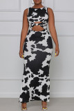 Colour Fashion Sexy Print Hollowed Out O Neck Vest Dress