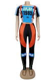Black Fashion Active adult pencil Slip-on Print Letter Two Piece Suits Patchwork O Neck Shaperw