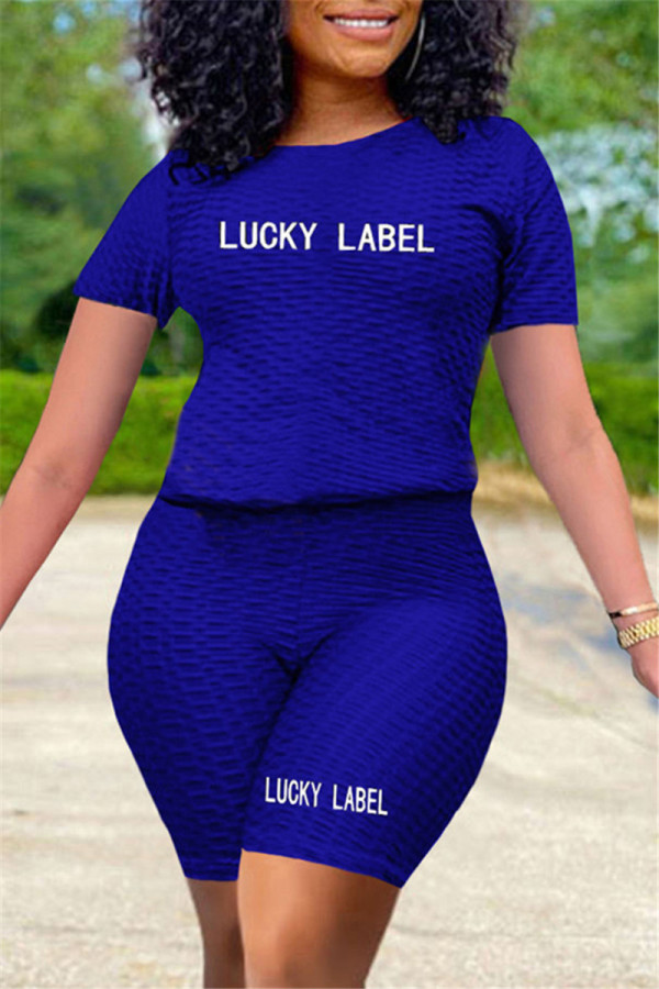 Blue Fashion Casual Letter Embroidered O Neck Short Sleeve Two Pieces