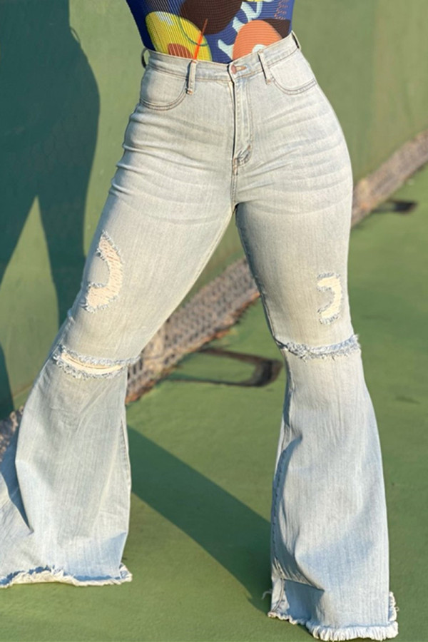 Baby Blue Fashion Casual Solid Ripped Plus Size Jeans