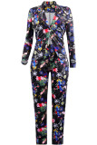 Black venetian Casual Patchwork Print Two Piece Suits Straight Long Sleeve Two-piece Pants Set