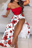 Red Sweet Print Patchwork Off the Shoulder Short Sleeve Two Pieces