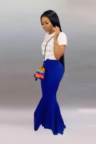 Blue Elastic Fly High Asymmetrical Draped Solid Boot Cut Pants Pants