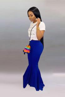 Blue Elastic Fly High Asymmetrical Draped Solid Boot Cut Pants Pants