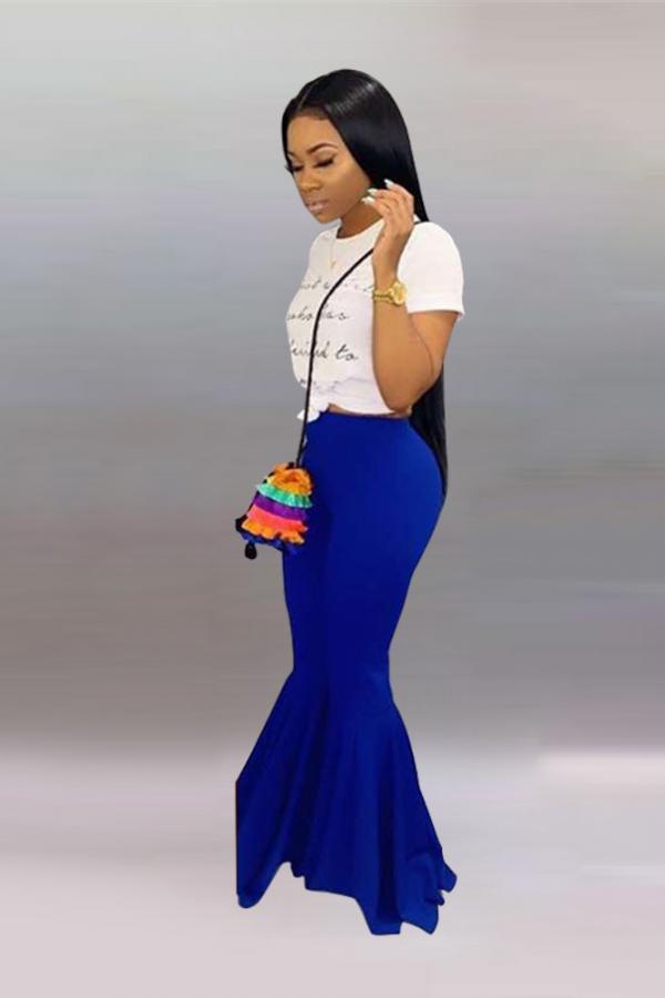 Blue Elastic Fly High Asymmetrical Draped Solid Boot Cut Pants Pants