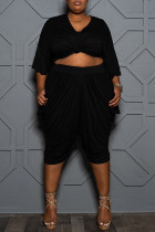 Black Fashion Casual Solid Basic O Neck Plus Size Two Pieces