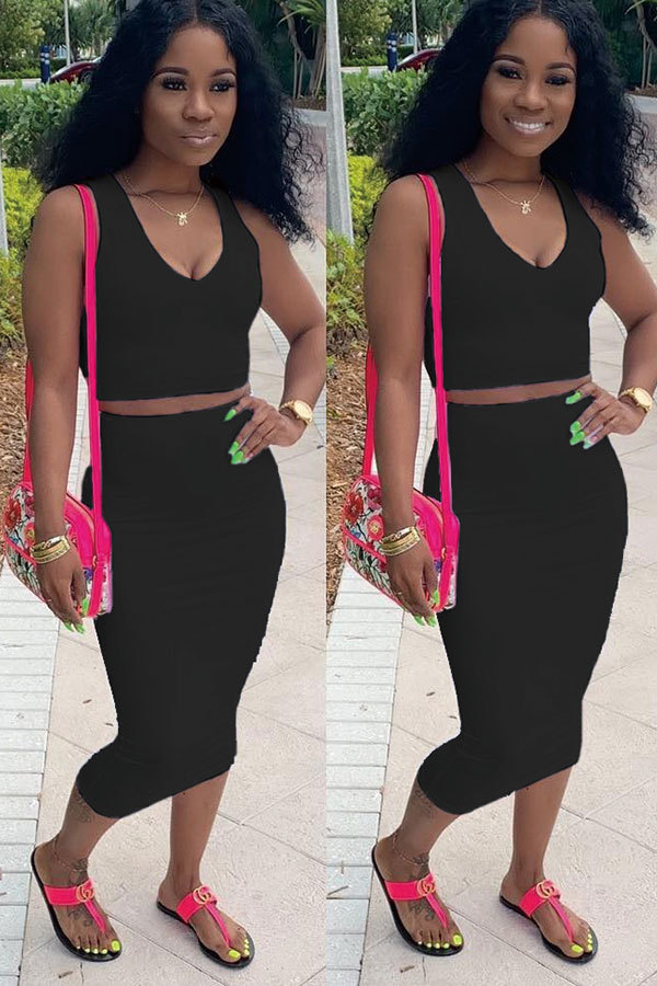 Black Fashion Sexy Patchwork Solid A-line skirt Two-Piece Dress