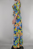 Multicolor Fashion Casual Print Bandage V Neck Long Dress