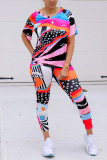 colour venetian Fashion Casual adult Ma'am Print Two Piece Suits pencil Short Sleeve Two Pieces